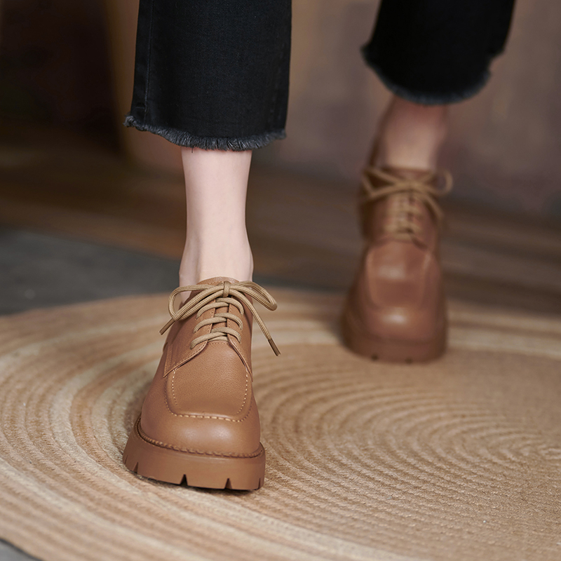 Inlen Wind Small Leather Shoes Woman 2022 Spring New Square Head Retro Coarse Heel Single Shoe Genuine Leather Lace High Heel Shoe