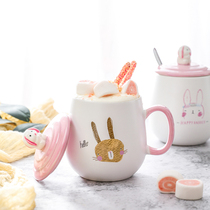 Household ceramic cup big belly breakfast drink oatmeal with lid to put Mark cute girl cartoon cup with spoon