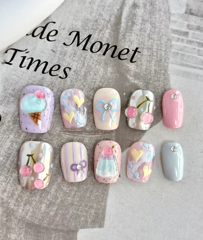 【New Arrival】Elegant Summer Ice Cream Puppy 3D Hand-Painted Cute Wearable Nails