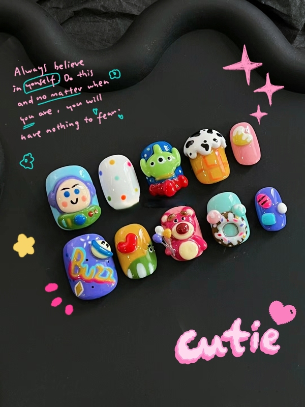 Animal Story Strawberry Bear High-End Exquisite Wearable Nails Purely Handmade Carved Nail Art Three-Dimensional Student Pregnancy