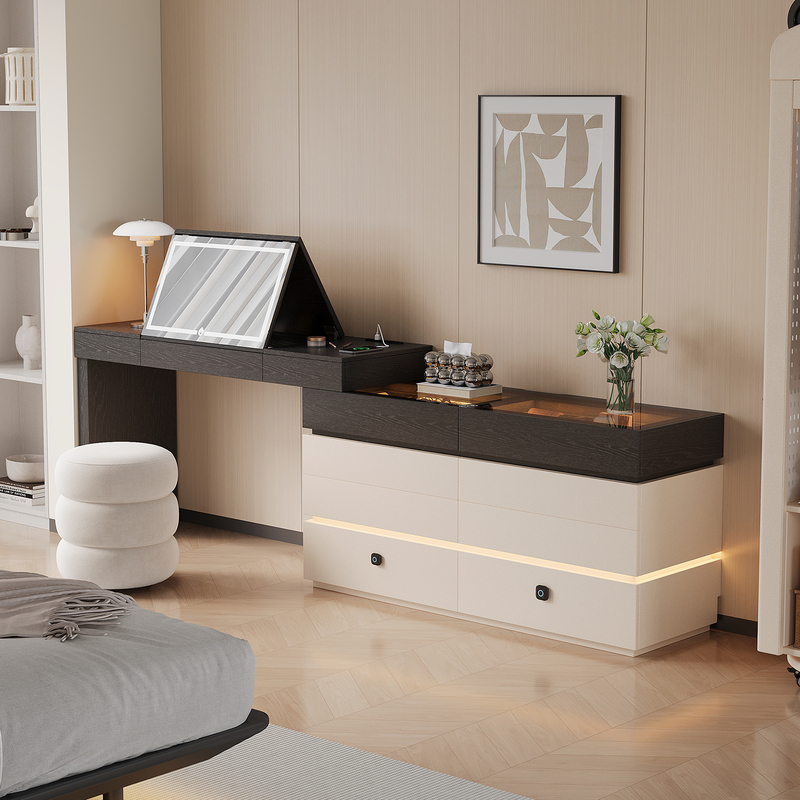 Modern Minimalist Flip-Top Dressing Table with Integrated Bedside Cabinet, Solid Wood Makeup Table with Hidden Mirror and Extendable Corner Design