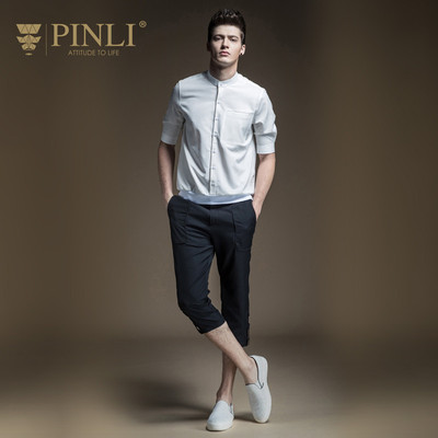 PINLI品立 夏季男装立领中袖衬衣短袖衬衫男衣服上衣潮B172413079