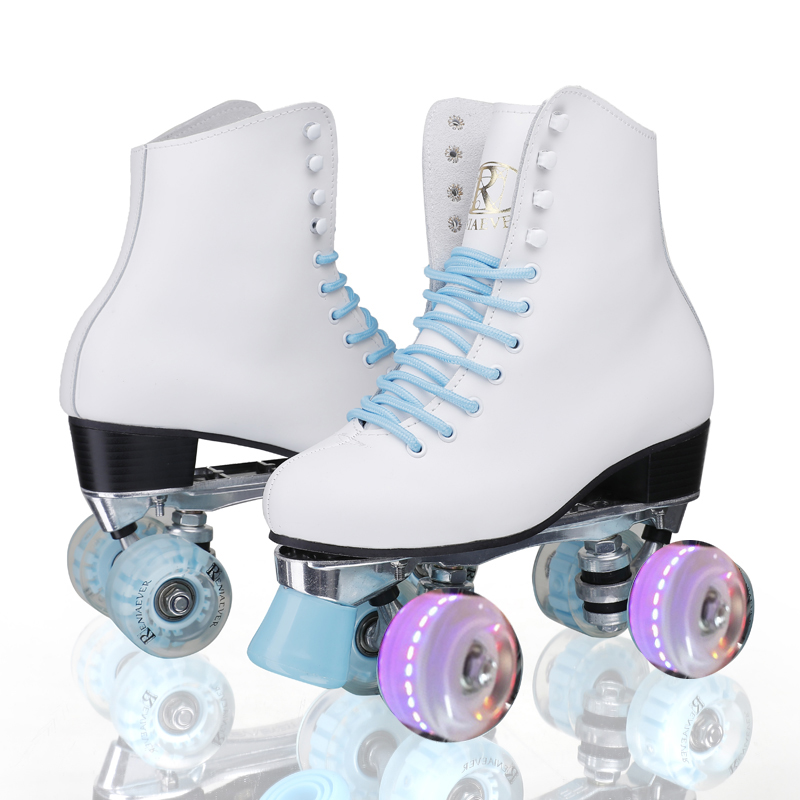 New skating skates four-wheeled white leather roller shoes ice blue glitter wheel roller skates for children double row