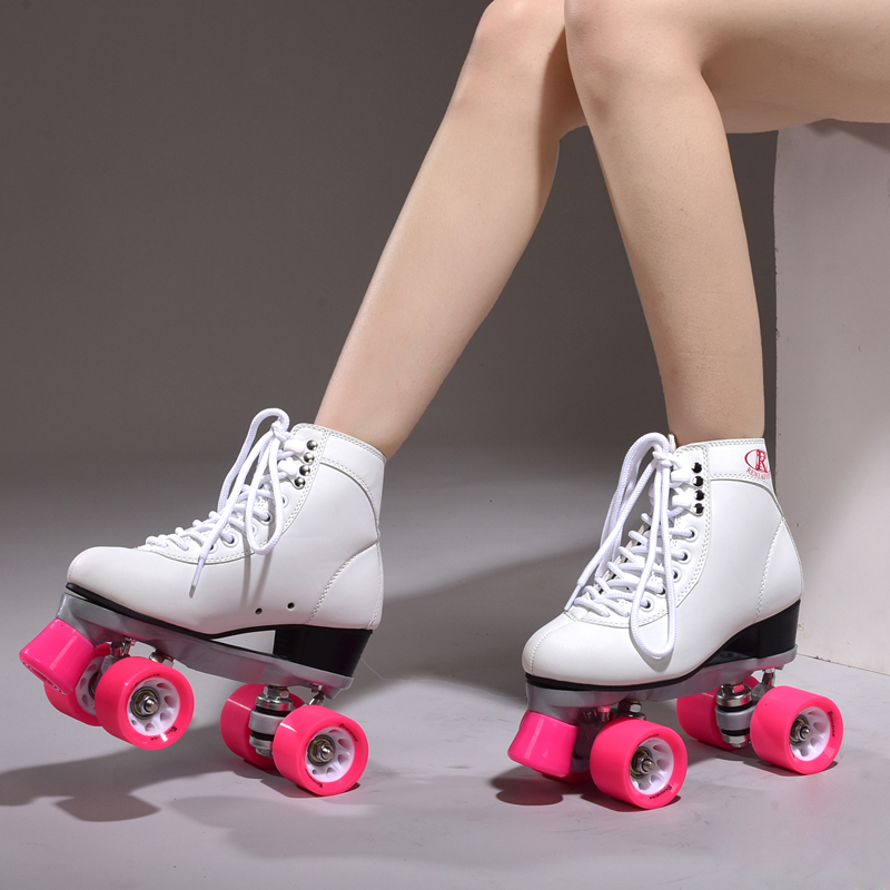 American-style new ice rink competitive speed skating four-wheel skates double row roller skates white shoes rose powder wide wheel