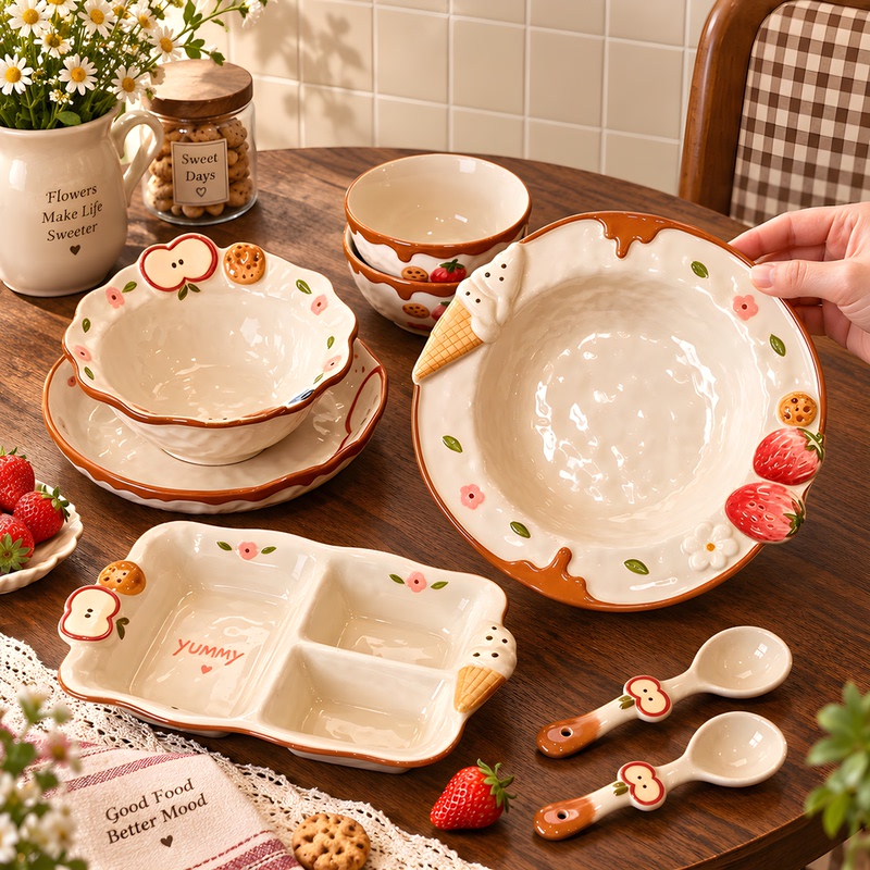 Cute Tableware Set for One Person, Household Noodle Bowl, Soup Bowl, High Aesthetic Value Underglaze Color, Single-Serving Rice Bowl, Fruit Plate