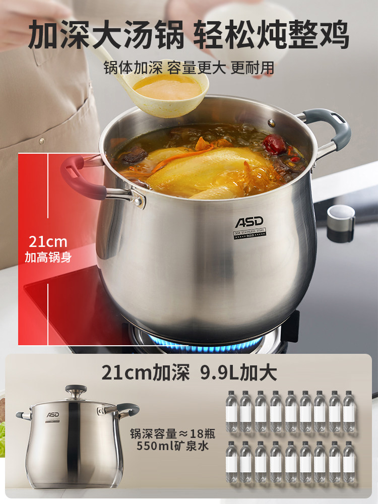 Aistar Soup Pot 304 Stainless Steel Thickened Large Capacity Household Soup Steaming and Stewing Pot Double-Handle Soup Bucket Induction Cooker