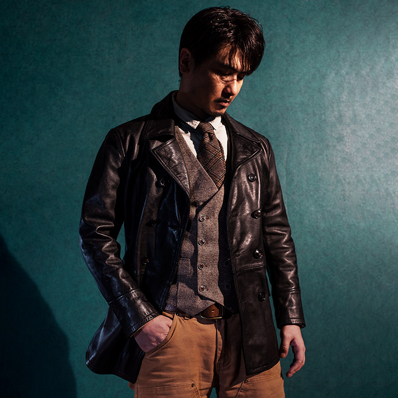 Mochen new men's first layer leather leather leather coat all vegetable tanned 740 navy coat Hua Zi same coat