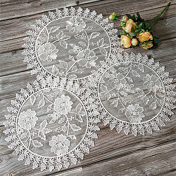 Korean European white lace fabric embroidery Round small cover towel coaster plate pad Vase pad Table mat Tea mat