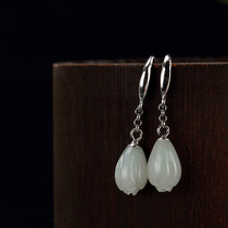 S925 pure silver retro inlaid and field jade jade orchid jade minimalist earrings woman with 100 hitch silver ear pendant earrings