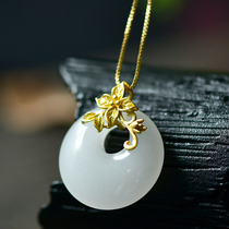 s925 silver gilt inlay Hetian Jade safe buckle women Flower Branch Jade atmosphere necklace pendant temperament choker