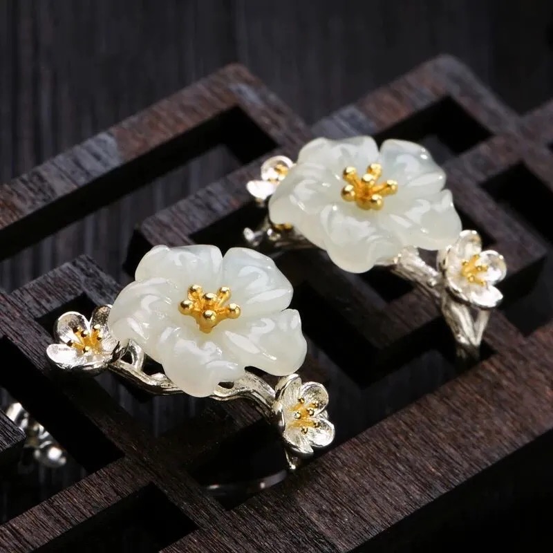 Hetian jade cherry blossom earrings s925 sterling silver hypoallergenic temperament flowers simple white jade earrings retro earrings for women
