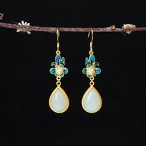 Natural Hetian Jade white jade water drop earrings retro ethnic style earrings S925 silver plated ancient law silver enamel inlay
