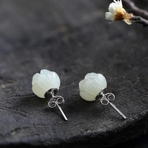 925 Pure Silver Earrings Female Natural and Tian jade Lotus Fashion Brief about 100 hitch Temperament Personality Earrings Pendant Trinket