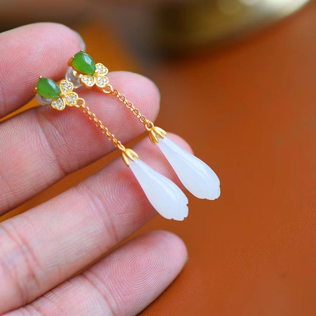 Natural Hetian jade suet jade magnolia flower s925 silver ancient method gold inlaid earrings earrings jade delicate suet white