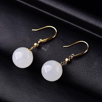 Natural Xinjiang and Tian sheep fat jade pendant female brief white fine white fine and smooth transfer round pearl pure silver inlaid earrings anti-allergy
