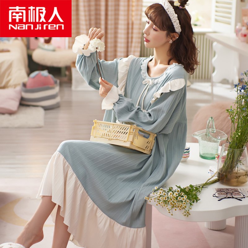 South Pole Princess Sleeping Skirt Woman Spring Autumn Pure Cotton Long Sleeve 2022 New Pregnant Woman Big Size Code Long version of dress Home Clothing Winter