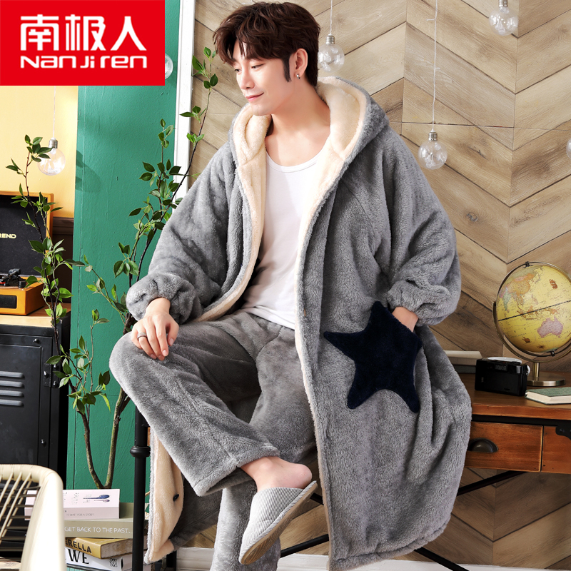 Antarctic nightgown men's winter thickened long coral velvet pajamas stars warm autumn and winter flannel bathrobe set