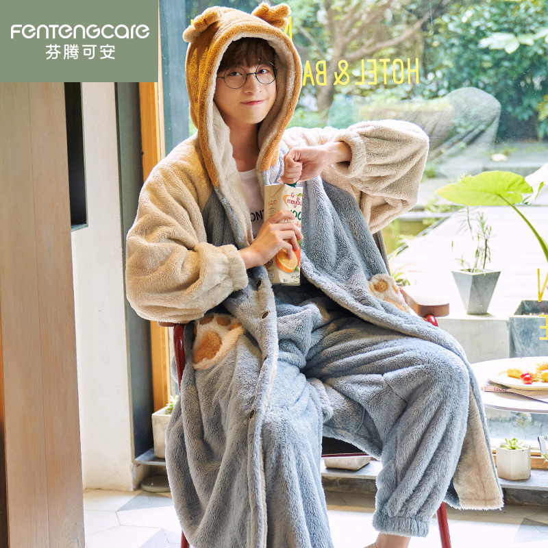 Fenten Ke'An Men's Pajamas Autumn and Winter Coral Fleece Set Thickened Fleece Flannel Cartoon Robe Loungewear Fenten Ke'An Men's Pajamas Autumn and Winter Coral Fleece Set Thickened Fleece Flannel Cartoon Robe Loungewear