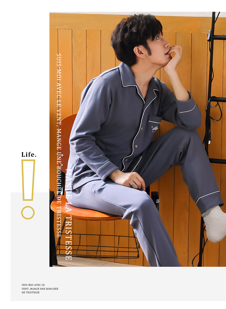 Đồ ngủ dài tay nam cực cotton nam mùa xuân và mùa thu cộng với phân bón XL phần mỏng thanh niên cotton mùa hè phù hợp với dịch vụ nhà đồ bộ thể thao nam