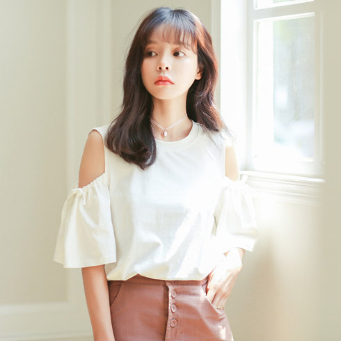 夏装新款韩版小清新露肩绑带喇叭袖纯色圆领百搭短袖T恤女士上衣