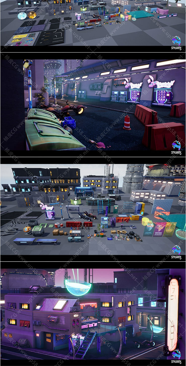 Unreal Engine模块化风格化赛博朋克街道环境资产包Modular Stylized Cyberpunk Street
