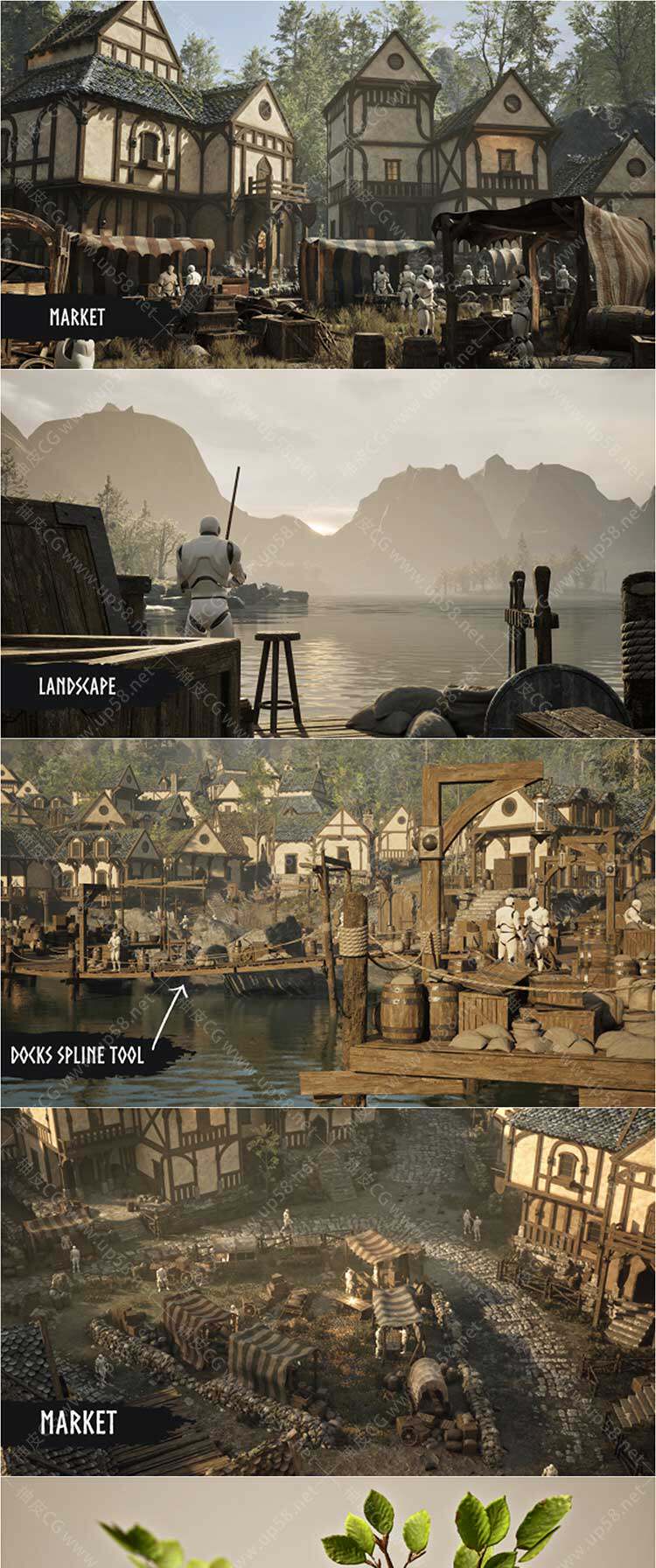 Unreal Engine中世纪城镇与码头模块化场景素材Modular Medieval Town, Docks