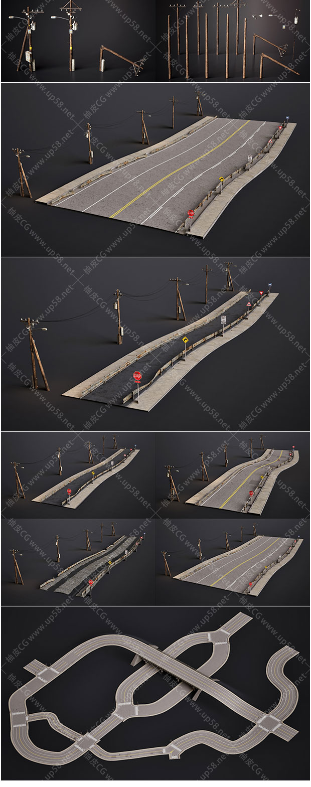 Unreal Engine蓝图工具快速生成逼真交叉路口桥梁电线杆道路系统