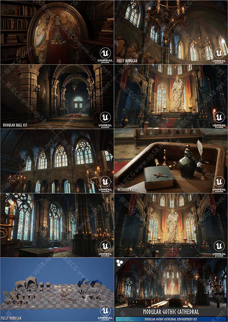 Unreal Engine中世纪暗黑风格模块化哥特大教堂场景包