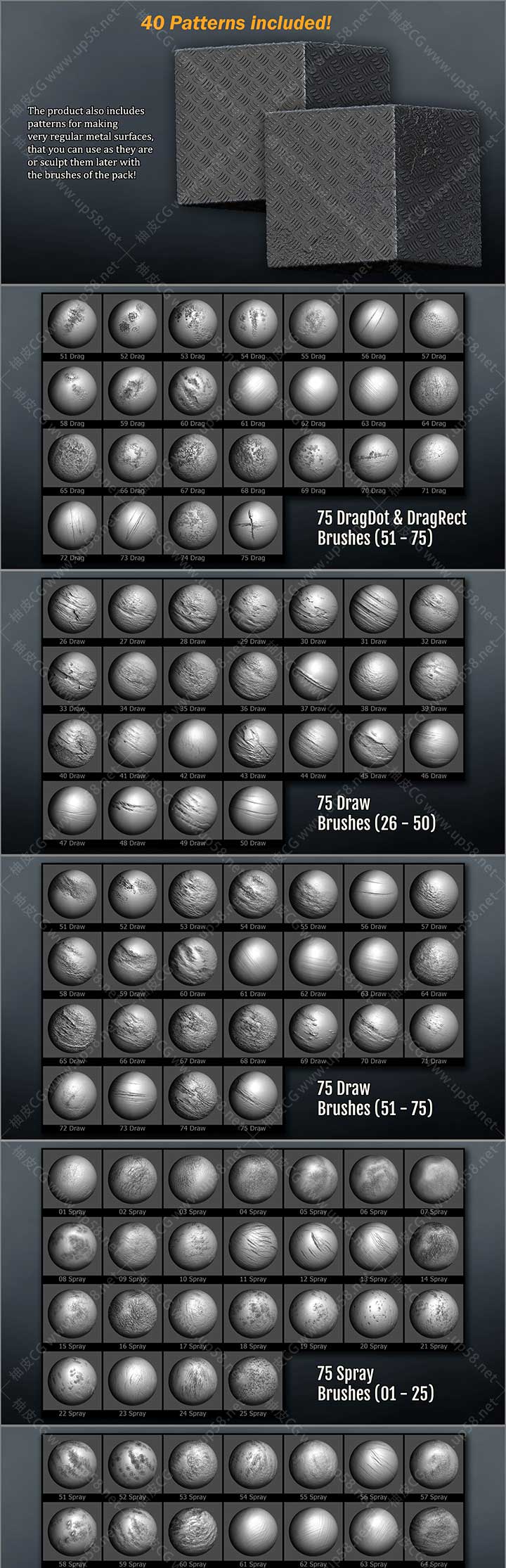 300种ZBrush金属锈迹划痕切割损伤瑕疵雕刻笔刷套件