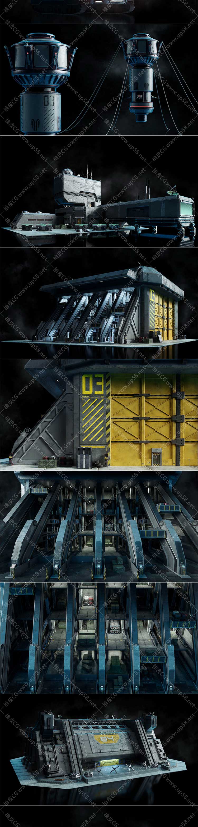 3DMAX Maya C4D Blender UE Unity Houdini未来战争武器路障防御设施3D模型kitbash3D
