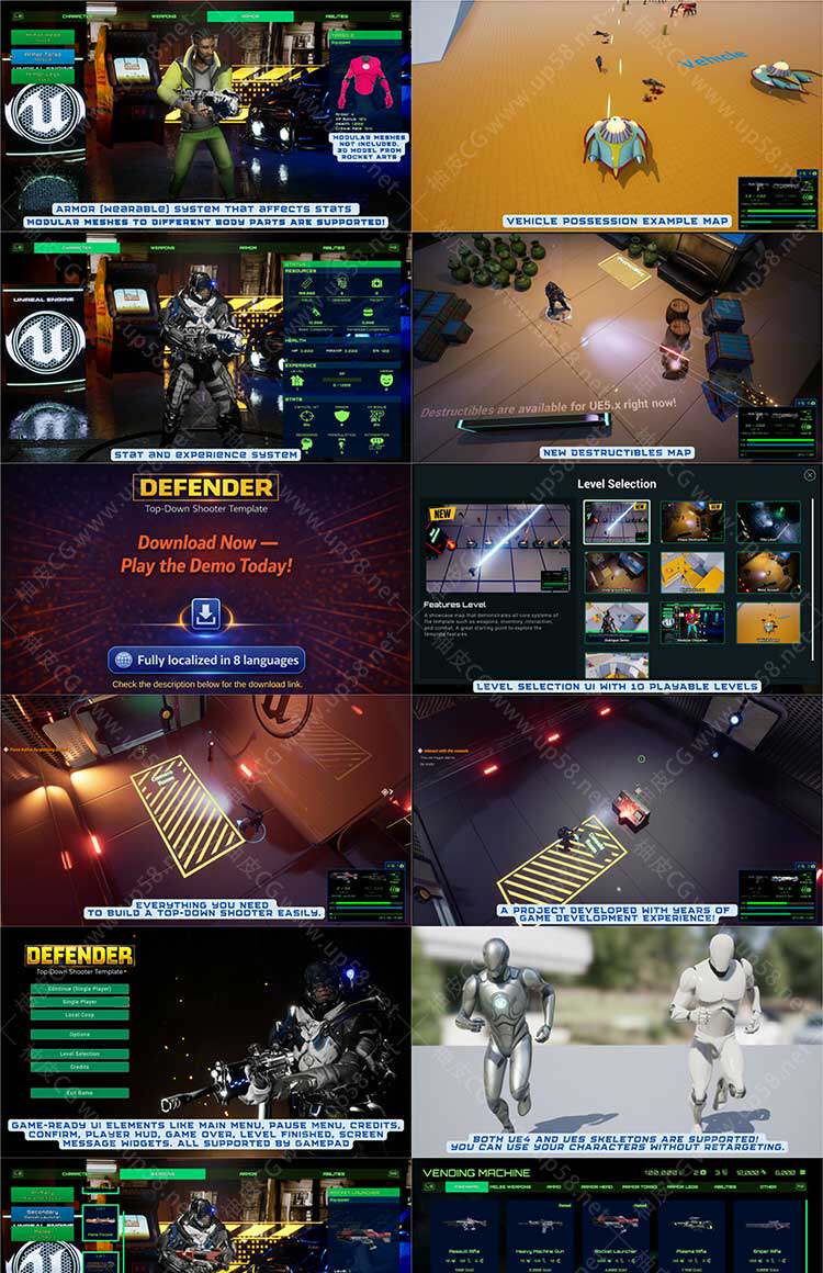 Unreal Engine单机与本地多人全支持射击模板Defender Top Down Shooter+中文字幕教程