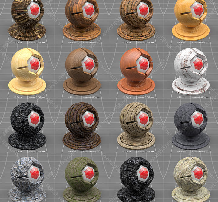 C4D红移Redshift金属皮革布料塑料陶瓷木地板大理石材质球素材库