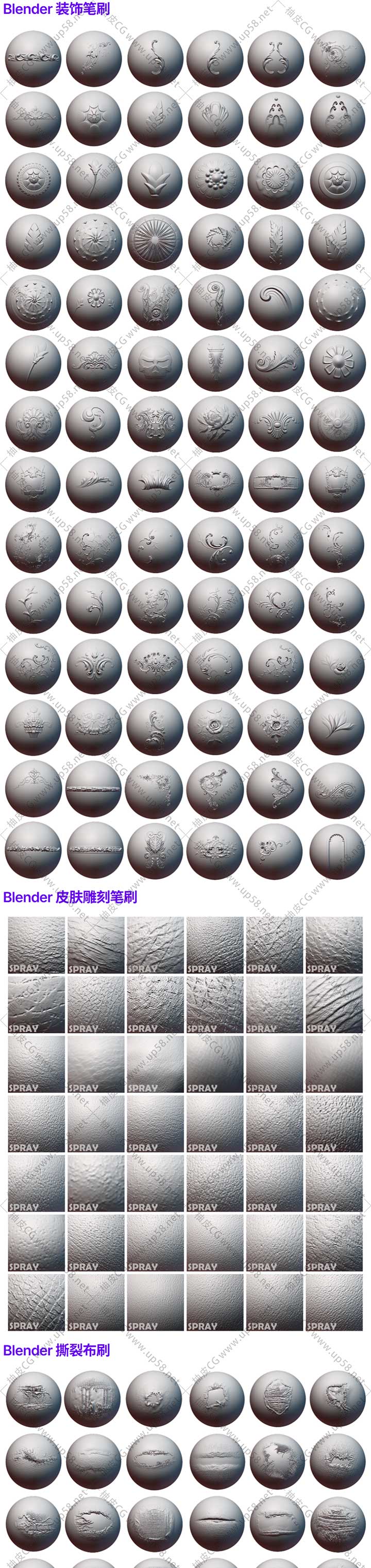 600+Blender木头金属人类皮肤服饰饰品爬行动物龙雕刻笔刷+视频教程
