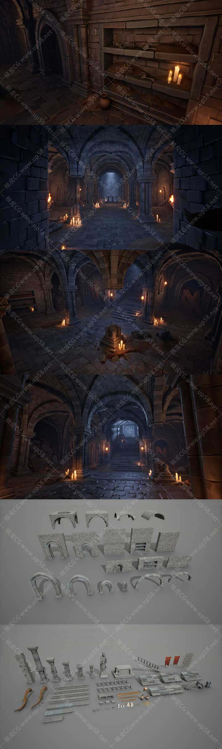 Unreal Engine风格化地下墓穴古墓地牢环境3D场景资源包