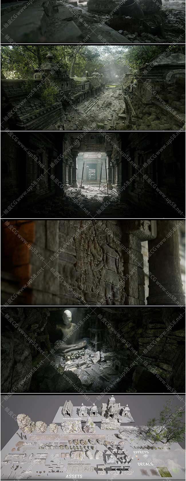 Unreal Engine基于摄影逼真的柬埔寨废墟庙宇内外场景景观素材