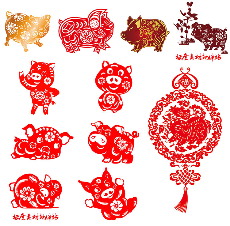 中国古风传统十二生肖窗花剪纸图案 12生肖猪AI矢量广告设计素材