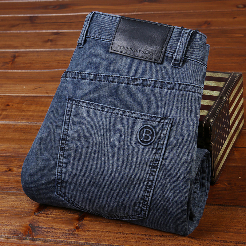 Men's Textured Twill Jeans, Summer Thin Business Trousers, Casual Straight-Leg Mid-Waist Washed Slightly Elastic Men's Pants