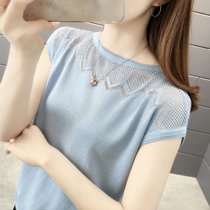 Tide Card Ice Silk Short Sleeve T-shirt Woman 2022 Summer new loose sheet Hollowed-out Needle Weaselwear Short foreign air blouse