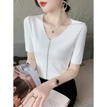 Tide card 2022 Summer new ice silk short sleeve T-shirt female Korean version loose display slim v collar knit cardiovert and half sleeve blouse