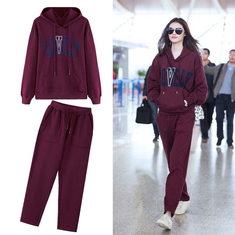Europe station 2021 autumn new casual sports suit women's fashion wide leg pants thin hooded sweatshirt two-piece set