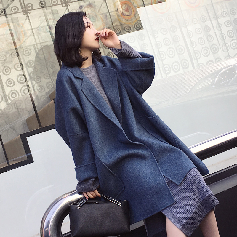 Europe autumn and winter new double-sided cashmere coat women loose mid-length loose fashion plus size tweed coat