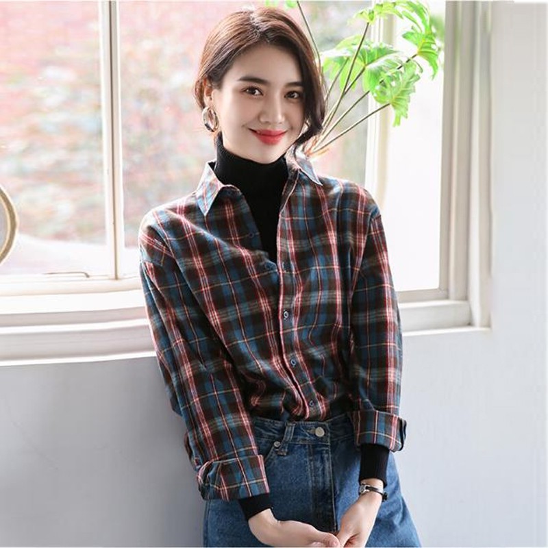 European station plaid shirt women's retro port flavor brushed POLO collar long-sleeved shirt light cooked loose casual top