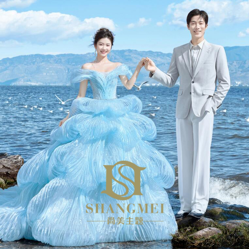 Blue and Pink Strapless Puff Sleeve Trailing Wedding Dress Princess Fantasy Studio Travel Photography Jellyfish Dress Fairy Travel Photography Dress