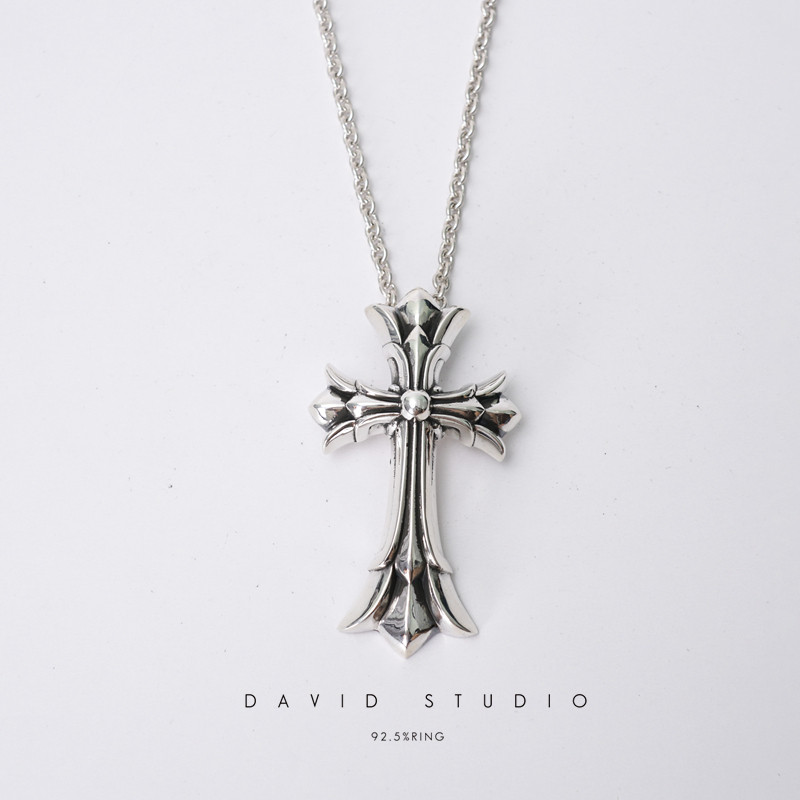 David studio925 sterling silver double cross pendant necklace domineering tidal male motorcycle punk male necklace
