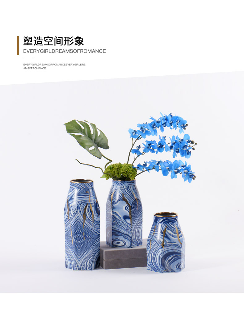 Modern Chinese style blue ceramic flower vases furnishing articles creative club hotel rooms soft adornment bedroom to study