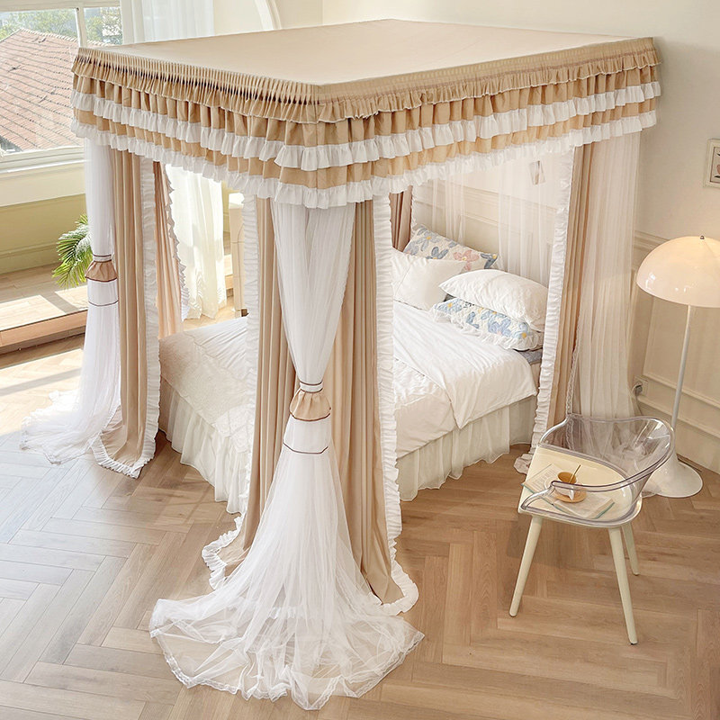 Five-way double bar landing double layer shading court bed mosquito net three doors open bed mantle bedroom home thickened stainless steel bracket-Taobao