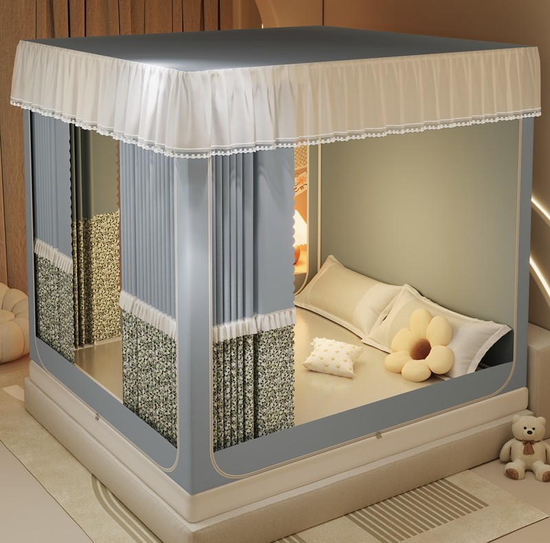 New anti-fall sitting bed cloth curtain back bottom shading dust-proof top encrypted mosquito net Three doors open palace Court bedroom home bed mantle-Taobao