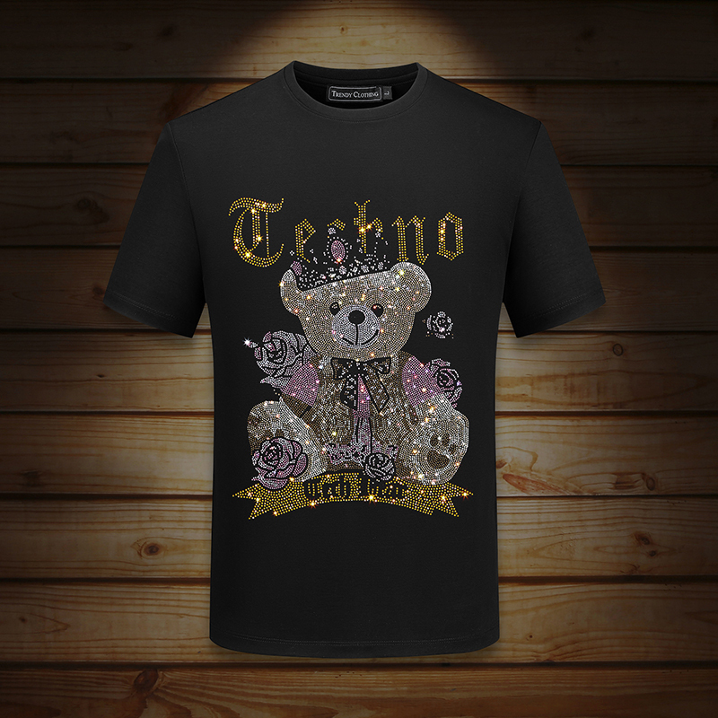 Men's Short-Sleeve T-Shirt 2026 New Trendy Rhinestone Bear Summer Ice Silk T-Shirt Men's Heavyweight Plus Size Half-Sleeve Men's Clothing