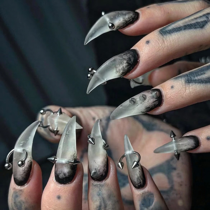 Rc Handmade Wearable Nail Art Long Dragon Claw Nails Animal Nails Cat Claw Black Gradient Iron Nail Matte Finish