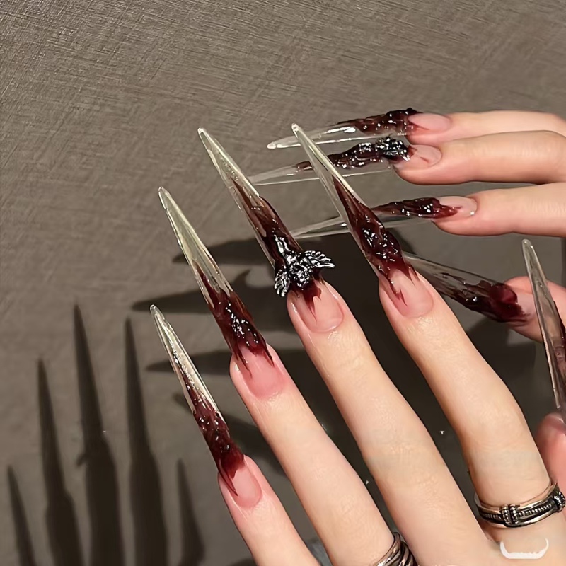 Rc Handmade Wearable Nail Tips, Hot Girl Nail Art Finished Nail Tips, Fake Nails, Extra Long Pointed Dark Style Blood Red